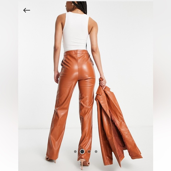 Asos design tall leather straight pants in rust brown - Picture 2 of 4